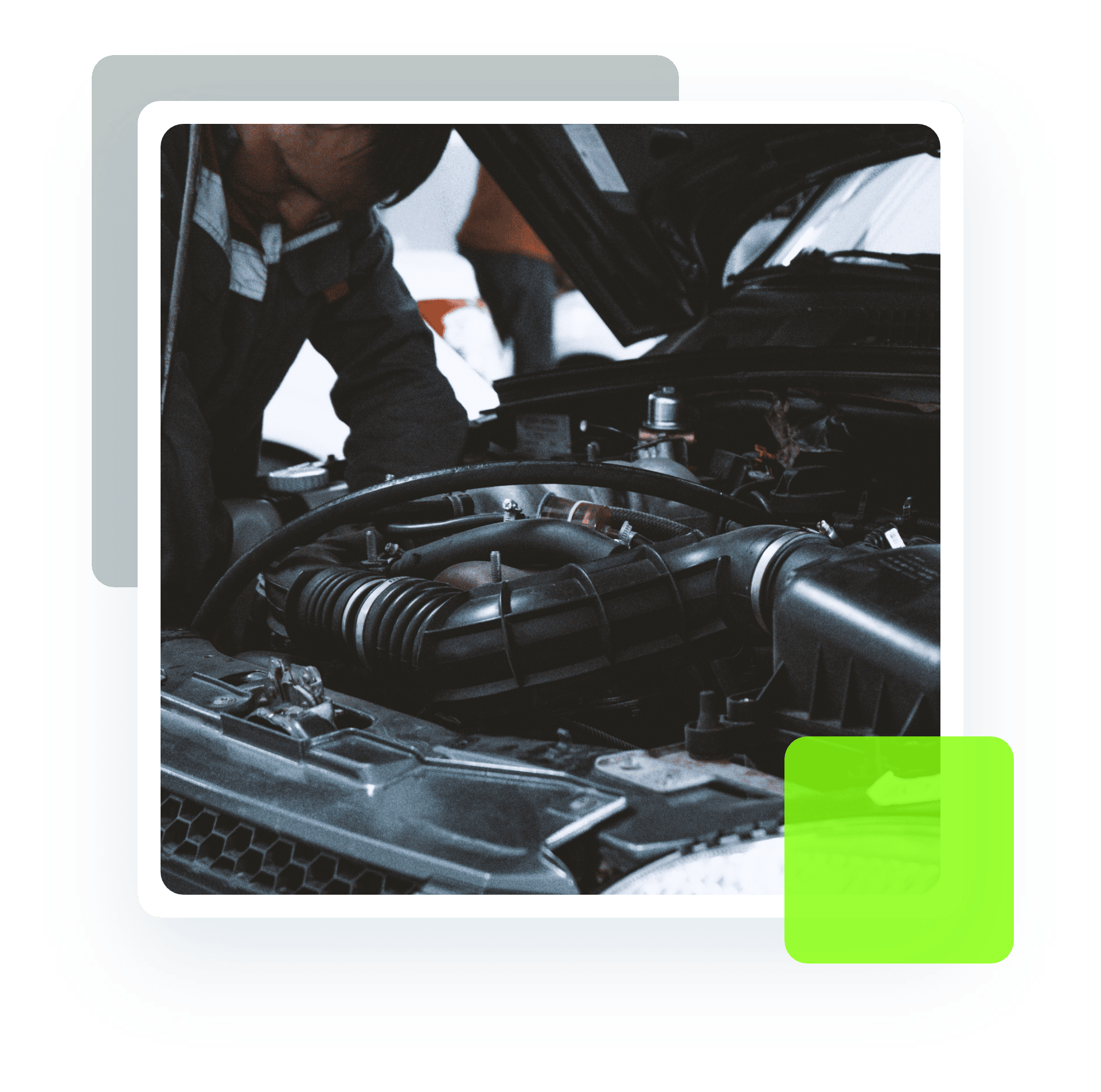 Image of an auto technician, checking the interior component of a vehicle under the hood. Concept image of preventative maintenance at Quality Car Care in North Liberty, IA.