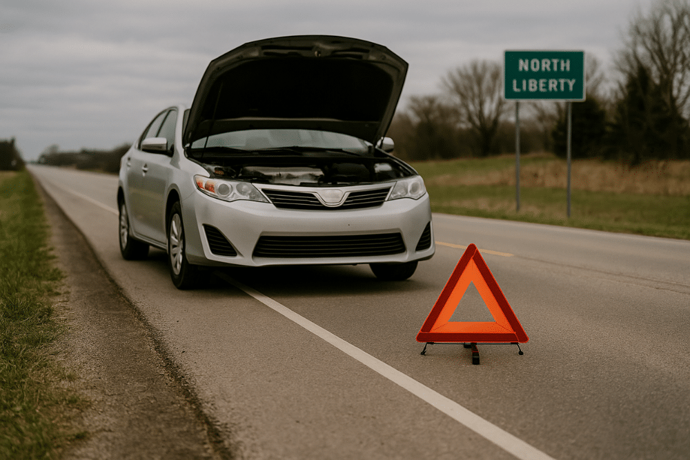 car breaks down, auto repair in North Liberty, IA by Quality Car Care. Image of a car with the hood up and a roadside emergency triangle set up, emphasizing fast response and professional roadside and repair assistance for stranded drivers.
