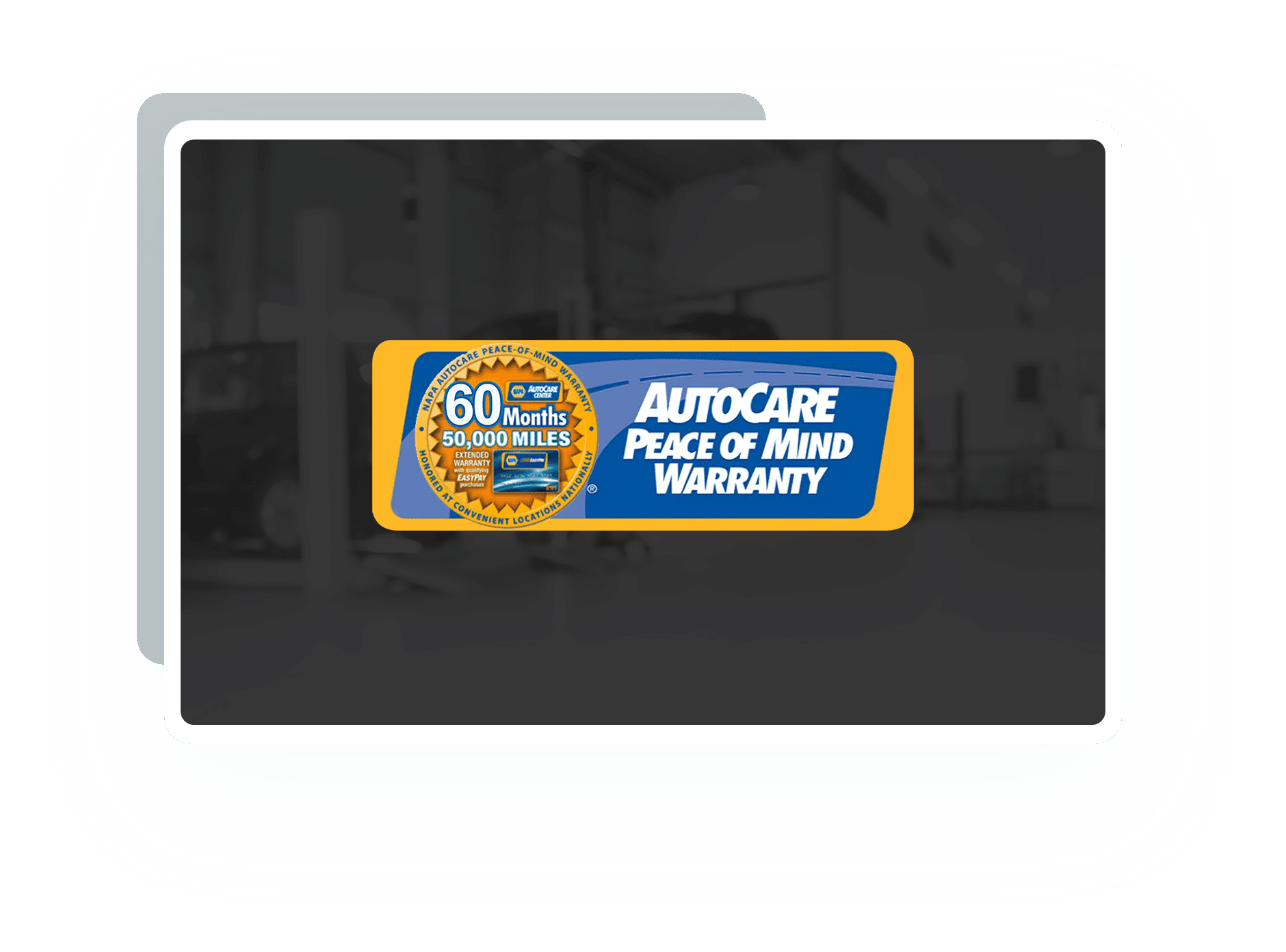 Logo of 60-month/50,000-mile NAPA AutoCare Peace of Mind Warranty.